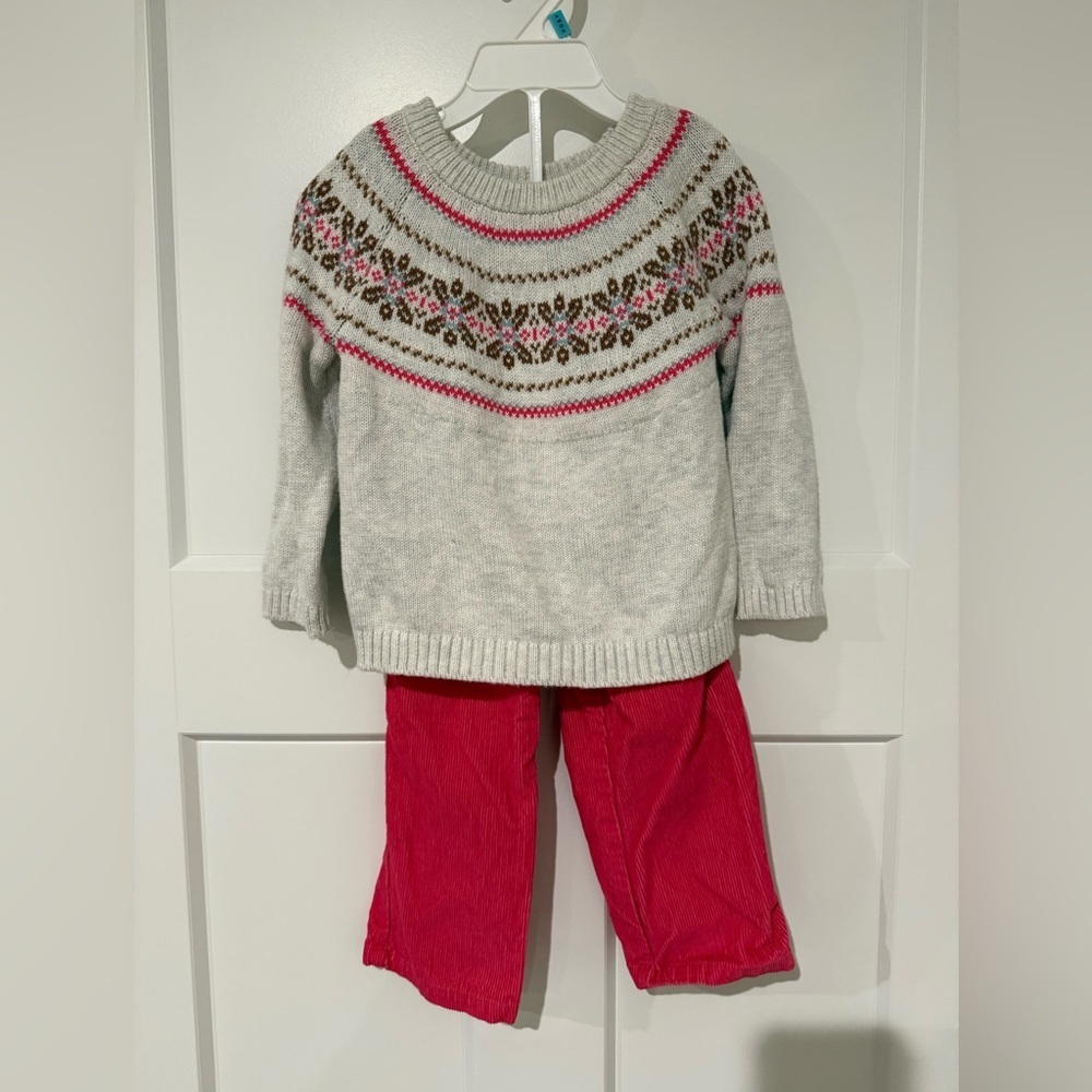 Carter's Cream Fair Isle Sweater with Pink and Brown Accents & Red Pants